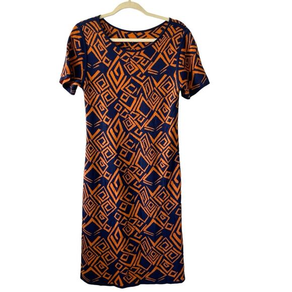 Jaros Lava Sweater Dress Size Large Midi Navy Blue Orange Geometric Pattern - Picture 1 of 4
